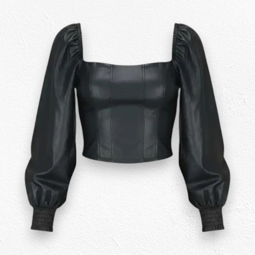 7 For All Mankind Black Faux Leather Puff Sleeve Smocked Corset Top Size Small